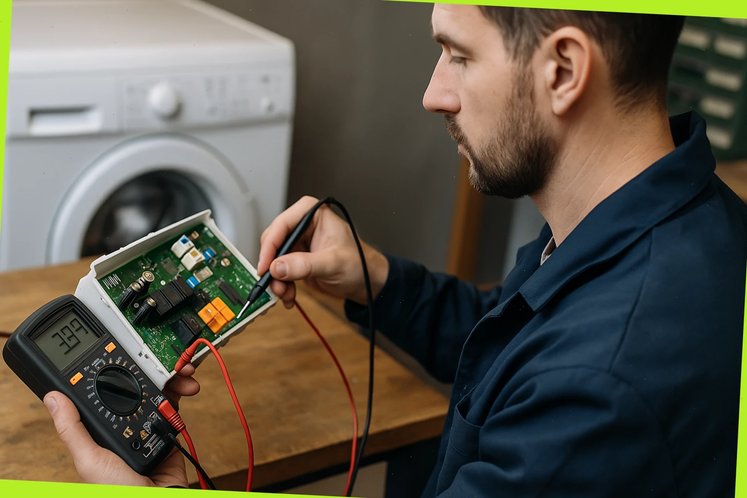 Engineer inspecting washer control board with a multimeter on a service bench