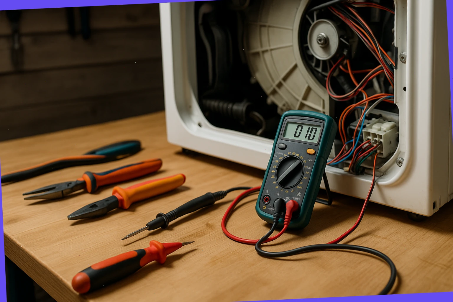 Workbench with multimeter, insulated tools and an open appliance panel during diagnostics