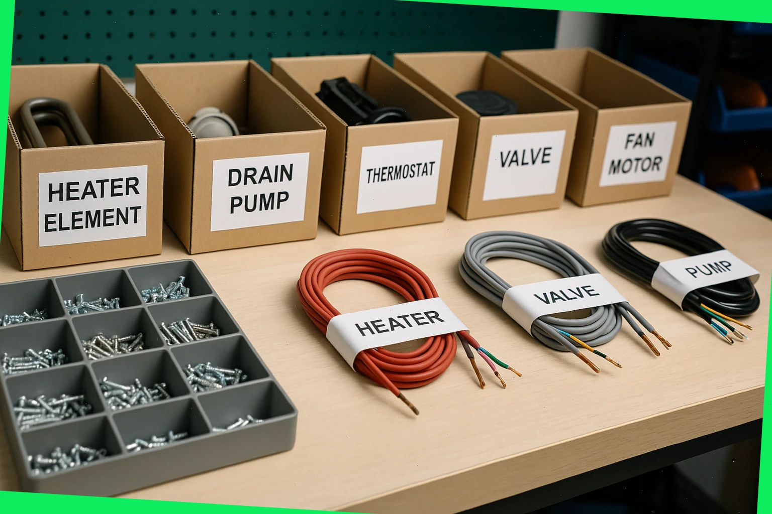 Parts counter with boxed spares, screws and labelled cables neatly arranged