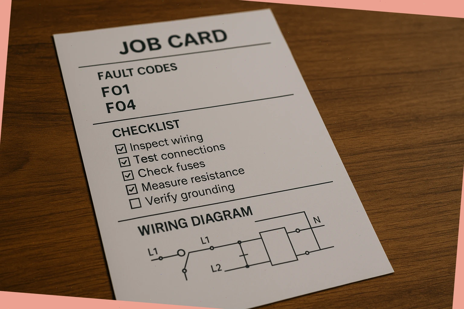 Job card with fault codes, checklist ticks and simple wiring diagram