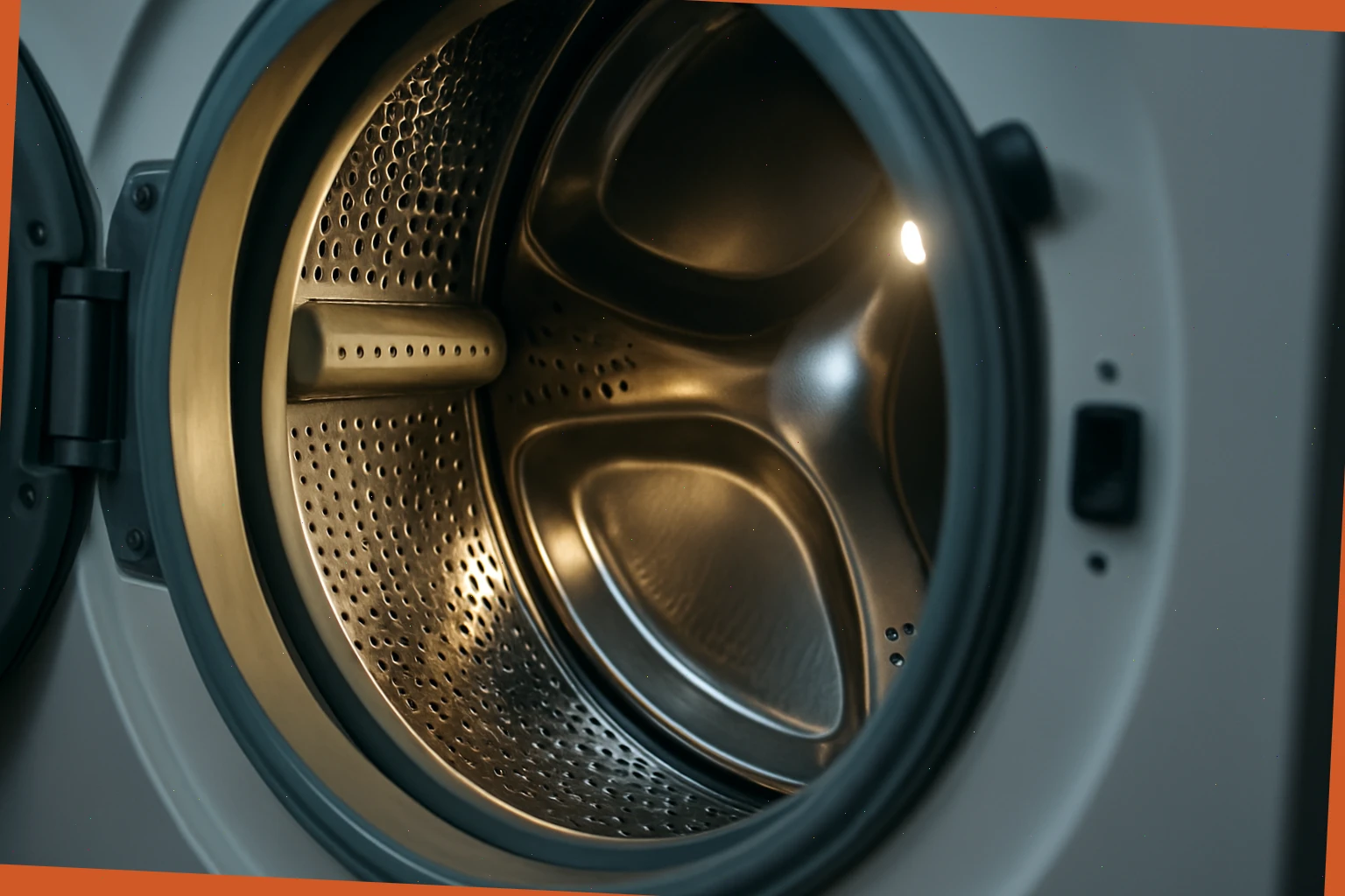 Open washing machine drum with torchlight showing seal and drum vanes